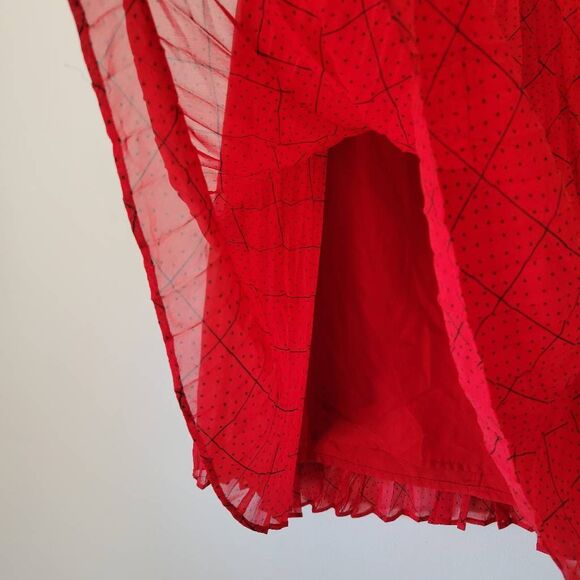 ELLE Red Pleated Midi Skirt Polka Dot Grid Print Size M - Picture 2 of 8